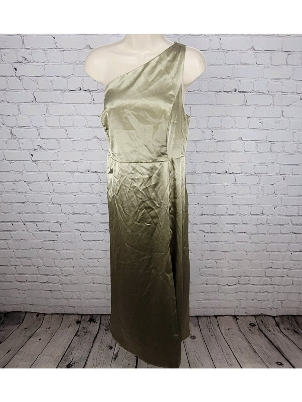 Birdy Grey Gold Satin One Shoulder Side Slit Bridesmaid Maxi Dress Gown Size XXL